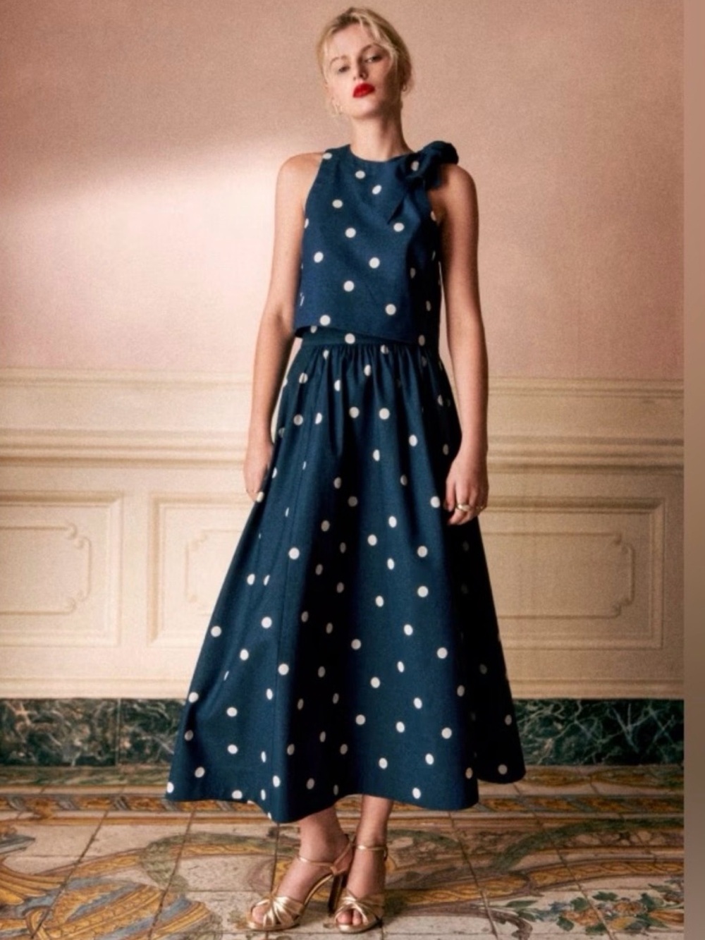 Sézane Editions Blue and Ecru Polka Dot Skirt Set 34